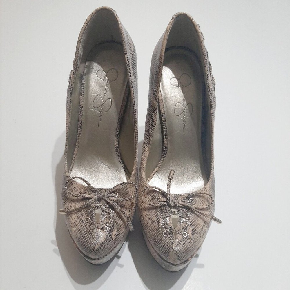 JESSICA SIMPSON Python Lace Cream & Blk Platform Stiletto Slip On Heel Pumps 7.5